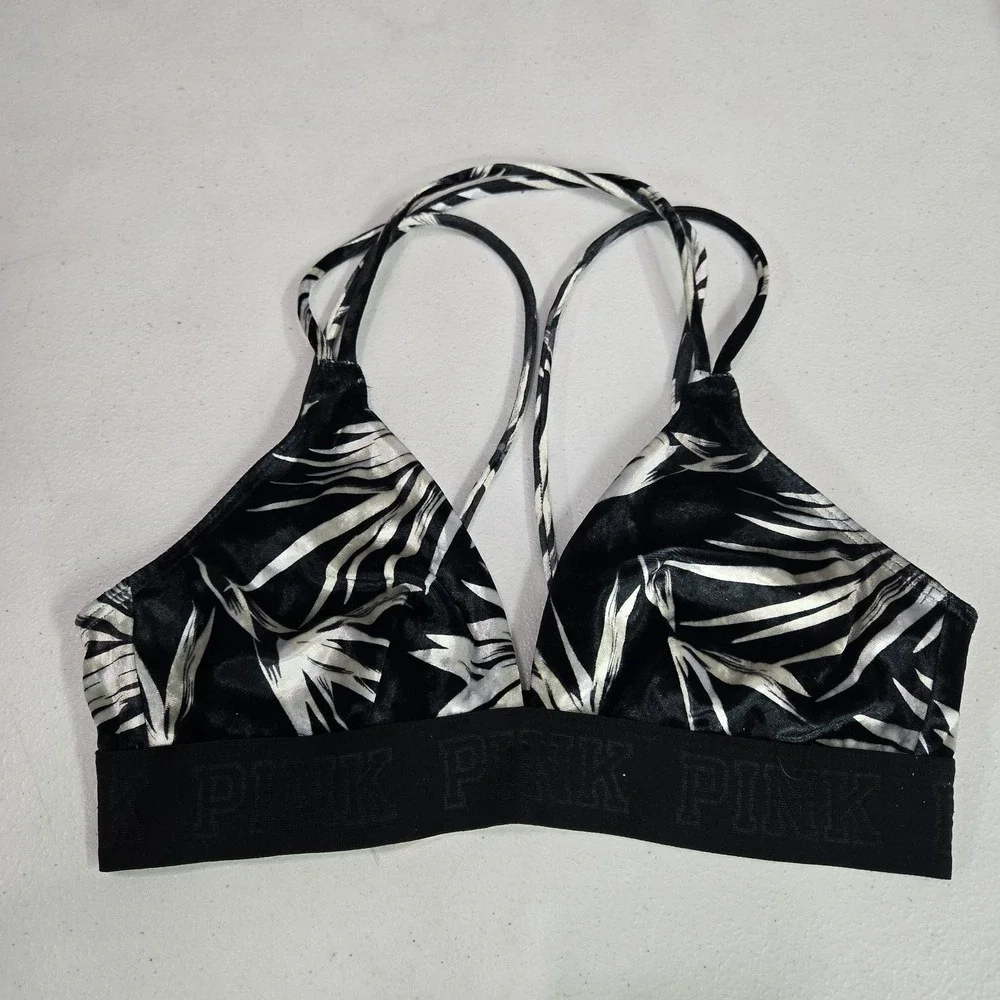 PINK Women Bra Small Black Leaf Bralette Wireless‎ Mesh Strappy Pullover